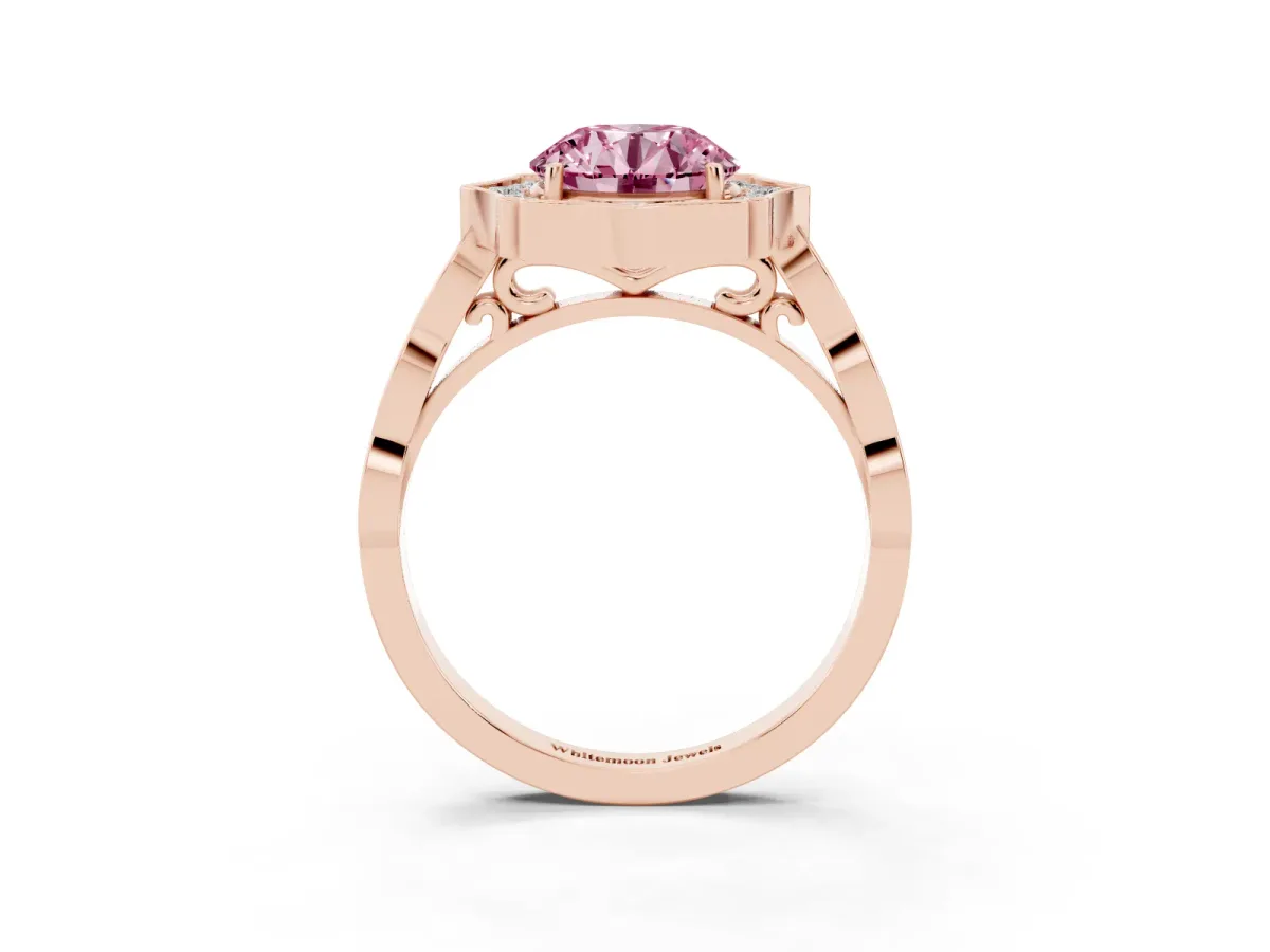 Fancy Pink Round Cut Halo Diamond Engagement Ring with Milgrain Band and Four-Prong Setting Rose gold