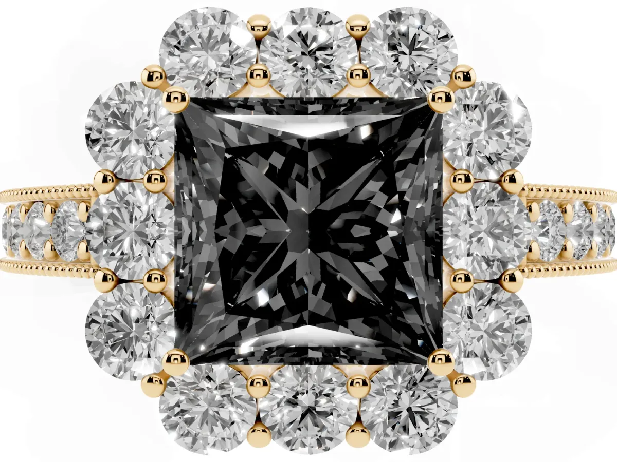 Fancy Black Princess Cut Cut Halo Diamond Pavé Engagement Ring with Milgrain Detailing Yellow gold