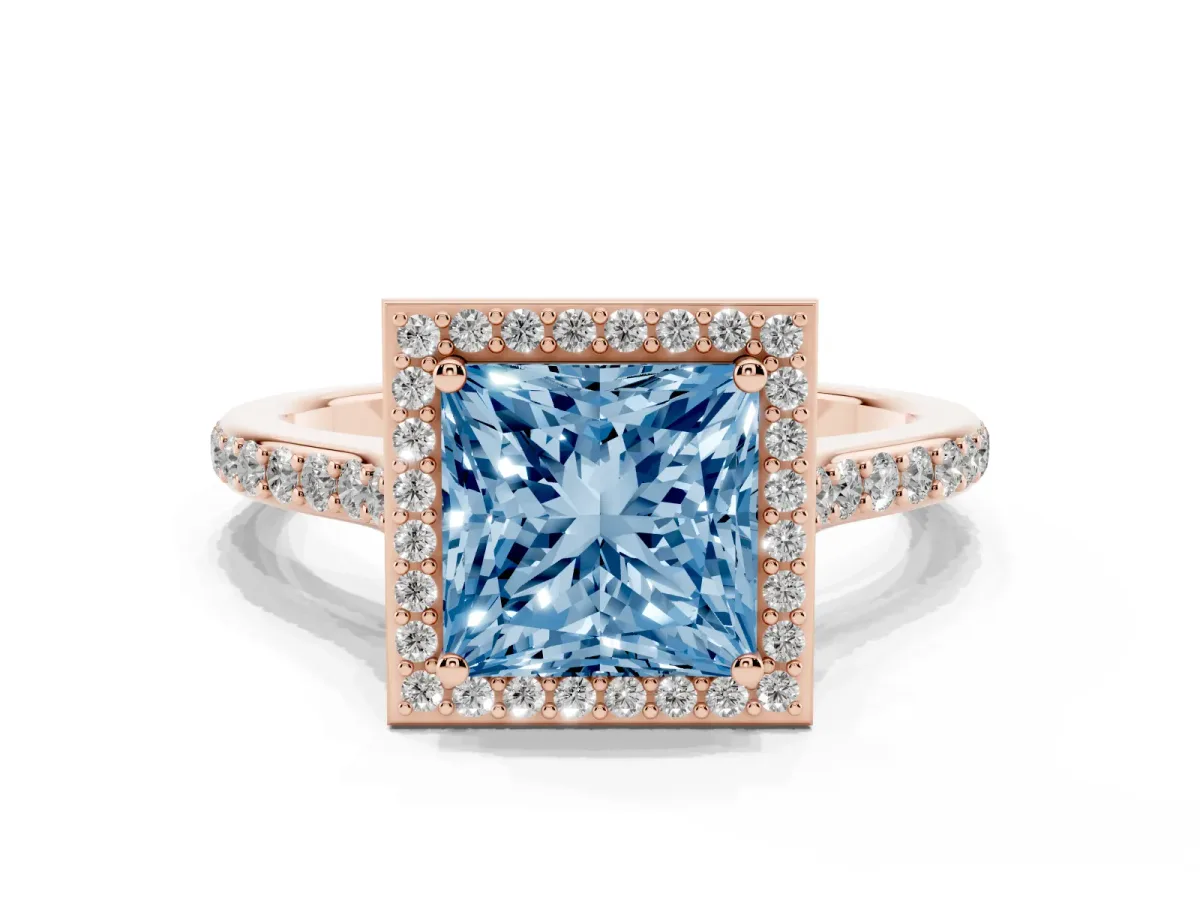 Fancy Blue Princess Cut Diamond Halo Engagement Ring with Round Pavé Shoulders and Prong Setting Rose gold