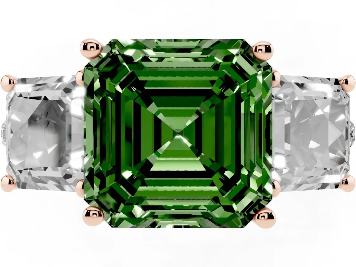 Fancy Green Three-Stone Asscher Cut Diamond Ring with Round Pavé Band and Prong Setting Rose gold