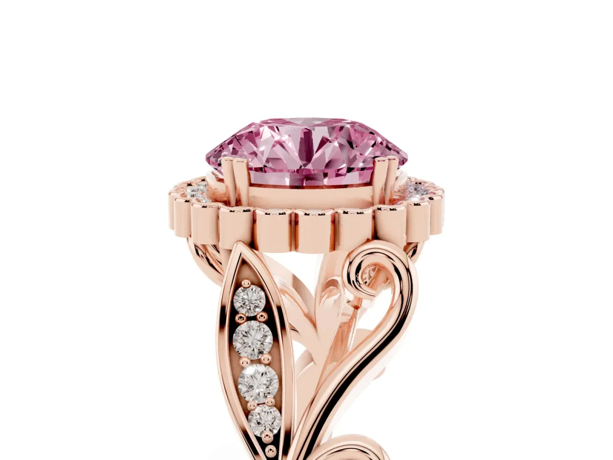 Fancy Pink Round Cut Diamond Halo Ring with Vintage Split Shank and Four-Prong Setting Rose gold
