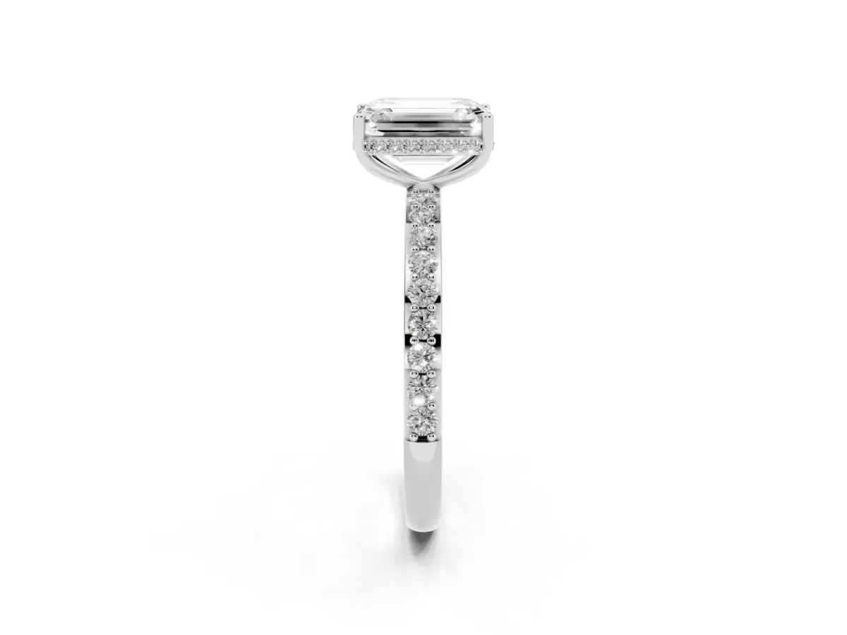 Emerald Cut Diamond Solitaire Ring with Pavé Band and Hidden Halo Silver