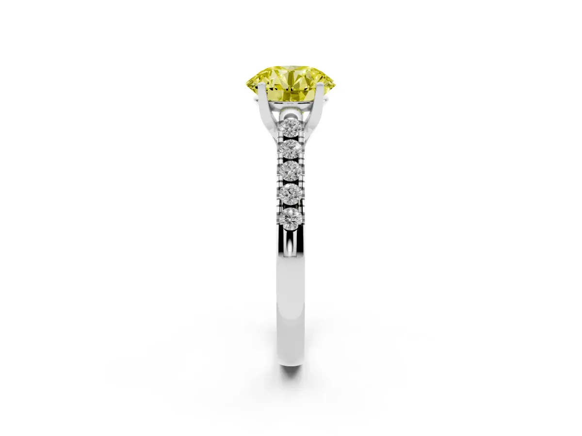 Fancy Yellow Round Cut Diamond Pavé Band Solitaire Ring with Prong Setting Silver