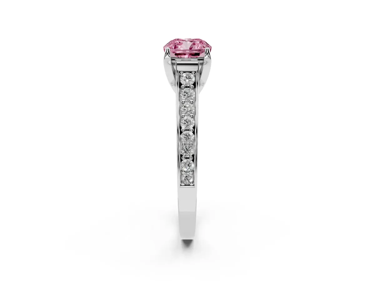 Fancy Pink Cushion Cut Brilliant Cut Diamond Engagement Ring with Pavé Band and Four-Prong Setting Platinum