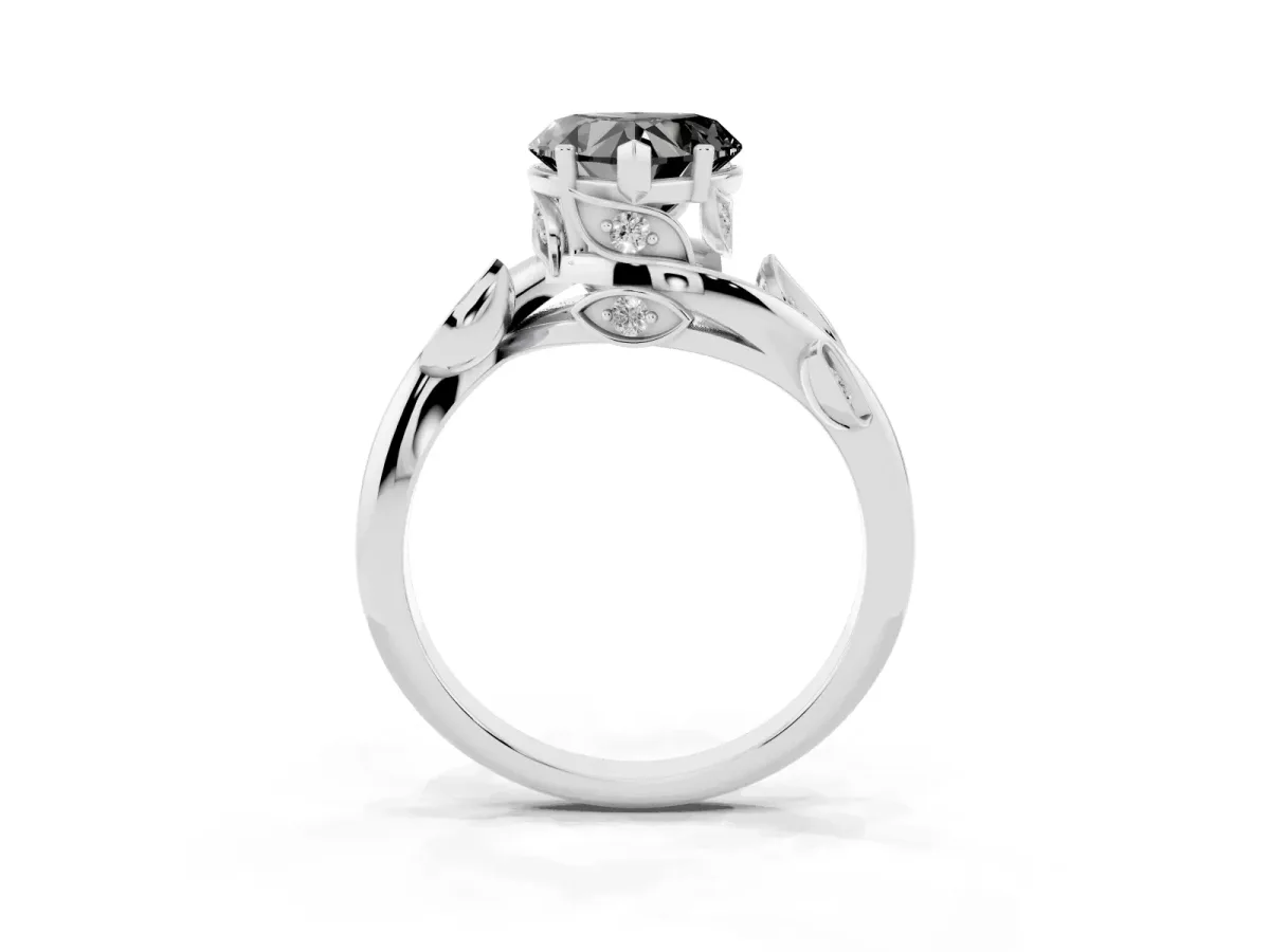 Fancy Black Heart Cut Solitaire Twist Engagement Ring with Leaf Accents and Prong Setting Platinum