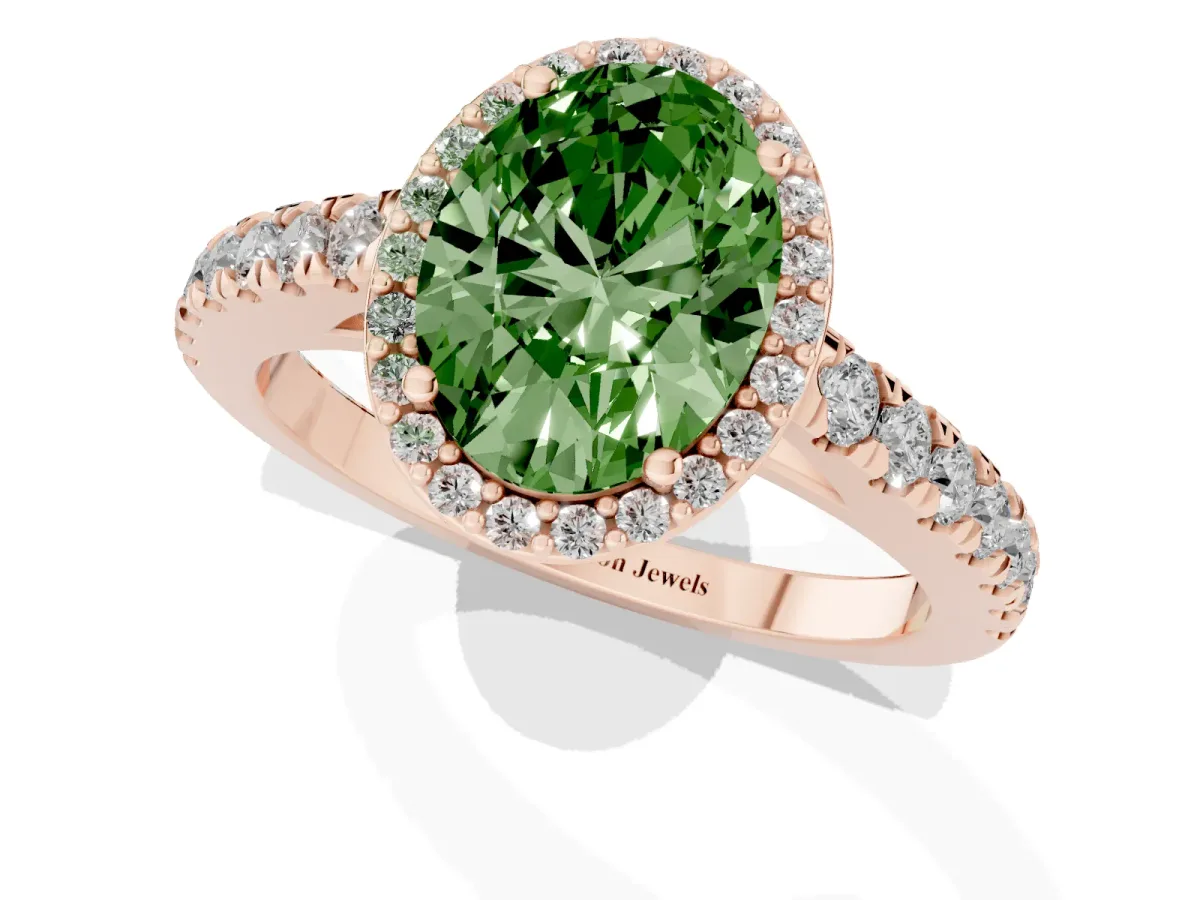 Fancy Green Oval Cut Cut Halo Diamond Engagement Ring with Pave Band and Four-Prong Setting Rose gold