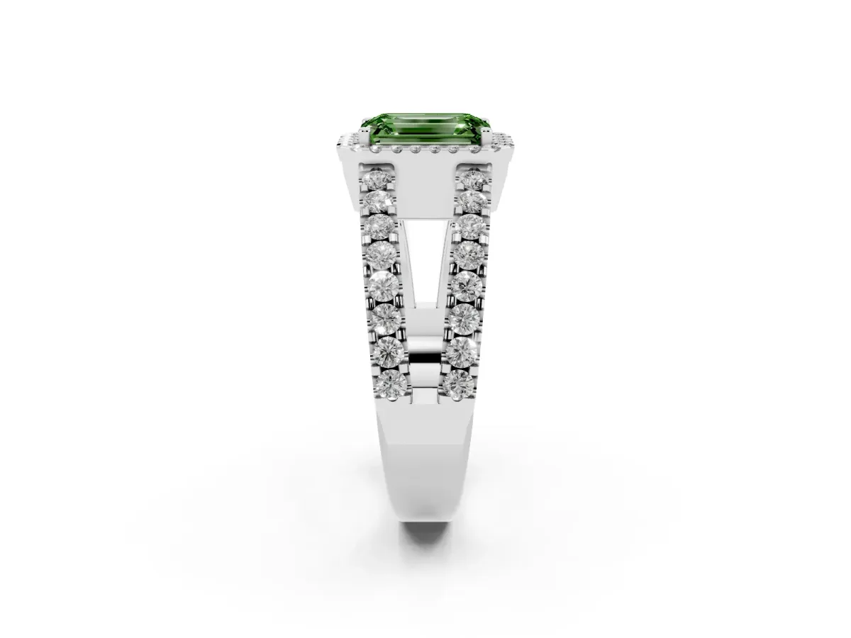 Fancy Green Emerald Cut Cut Halo Split Shank Diamond Ring with Four-Prong Setting Platinum