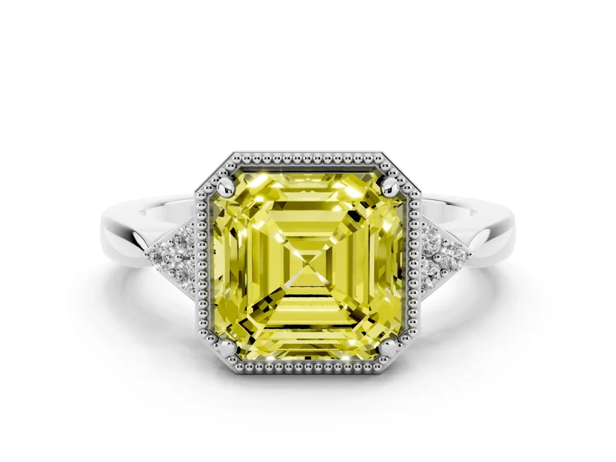 Fancy Yellow Hexagonal Halo Asscher Cut Diamond Solitaire with Pavé Band and Four-Prong Setting Platinum