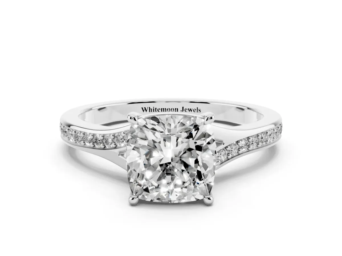 Cushion Cut Diamond Solitaire Ring with Pavé Band and Prong Setting Silver