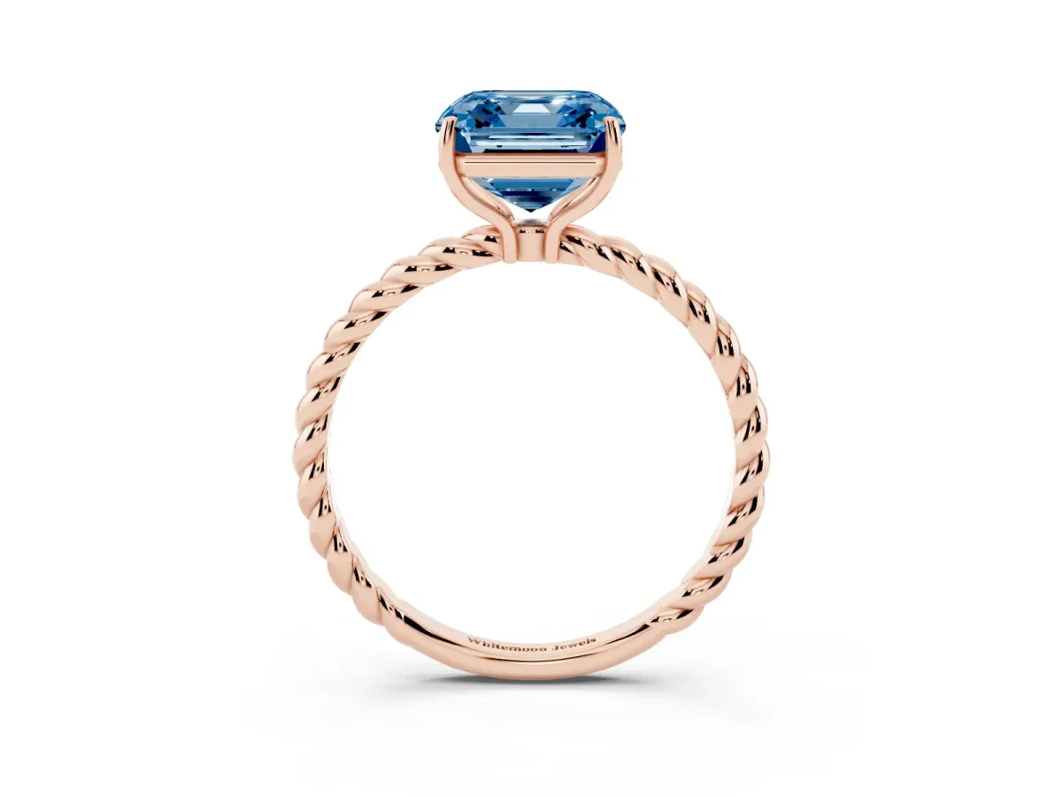 Fancy Blue Asscher Cut Solitaire Twist Band Ring with Four-Prong Setting Rose gold
