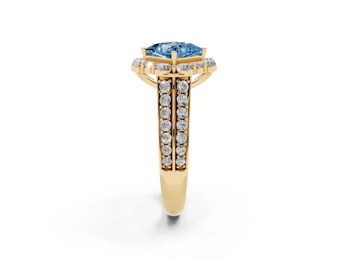 Fancy Blue Princess Cut Halo Diamond Engagement Ring with Split Shank and Prong Setting Yellow gold