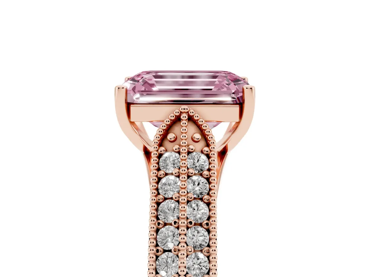Fancy Pink Emerald Cut Cut Pave Split Shank Engagement Ring with Four-Prong Setting Rose gold