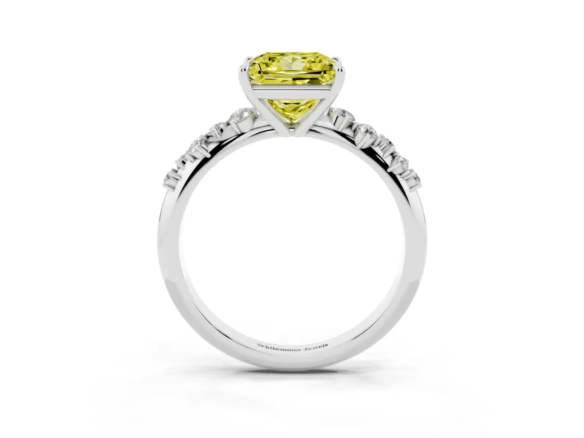 Fancy Yellow Princess Cut Diamond Cluster Side Stone Solitaire Ring with Prong Setting White gold