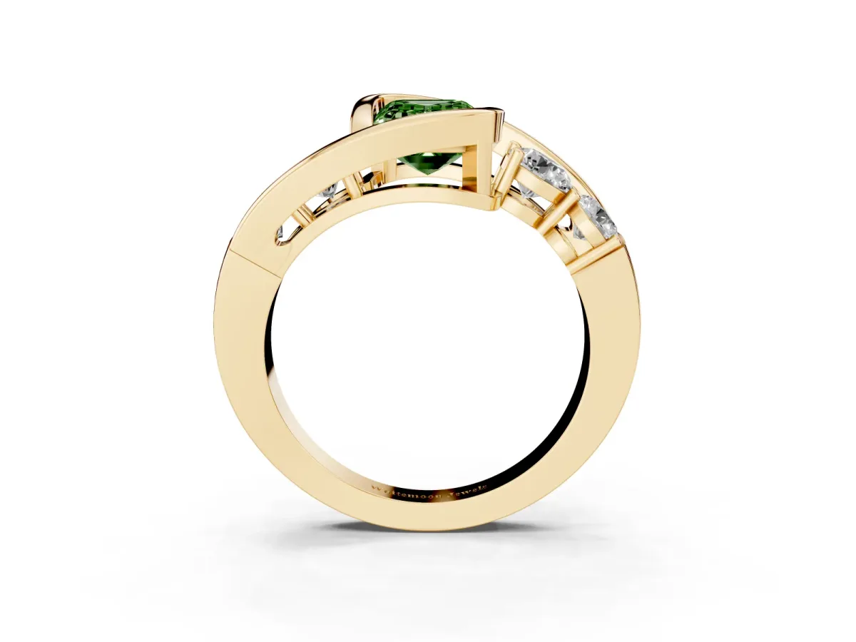 Fancy Green Bezel Set Emerald Cut Diamond Bypass Ring with Round Accents Yellow gold