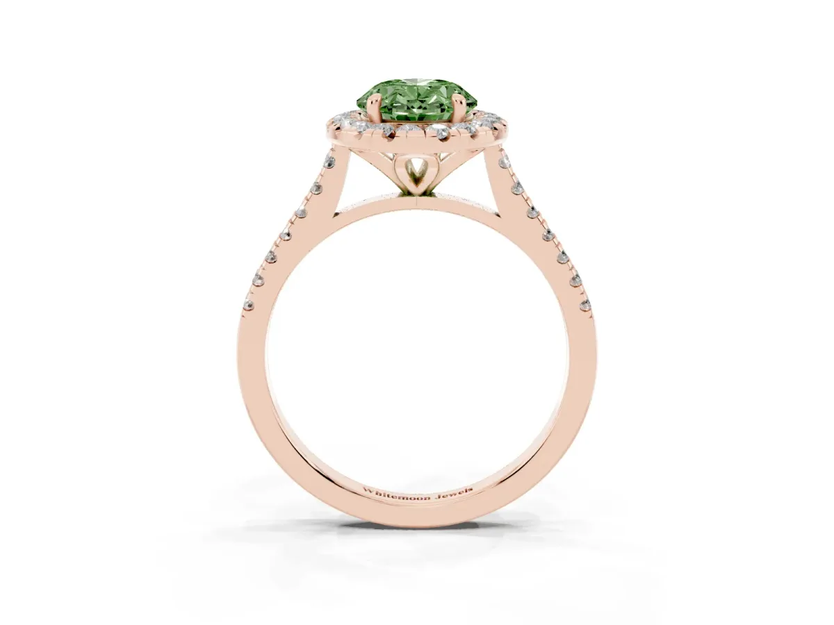 Fancy Green Oval Cut Diamond Cushion Halo Ring with Pavé Band Rose gold