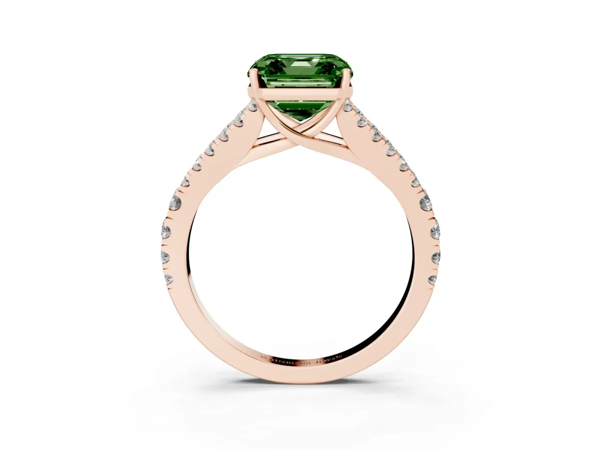 Fancy Green Asscher Cut Diamond Split Shank Pavé Engagement Ring with Four-Prong Setting Rose gold