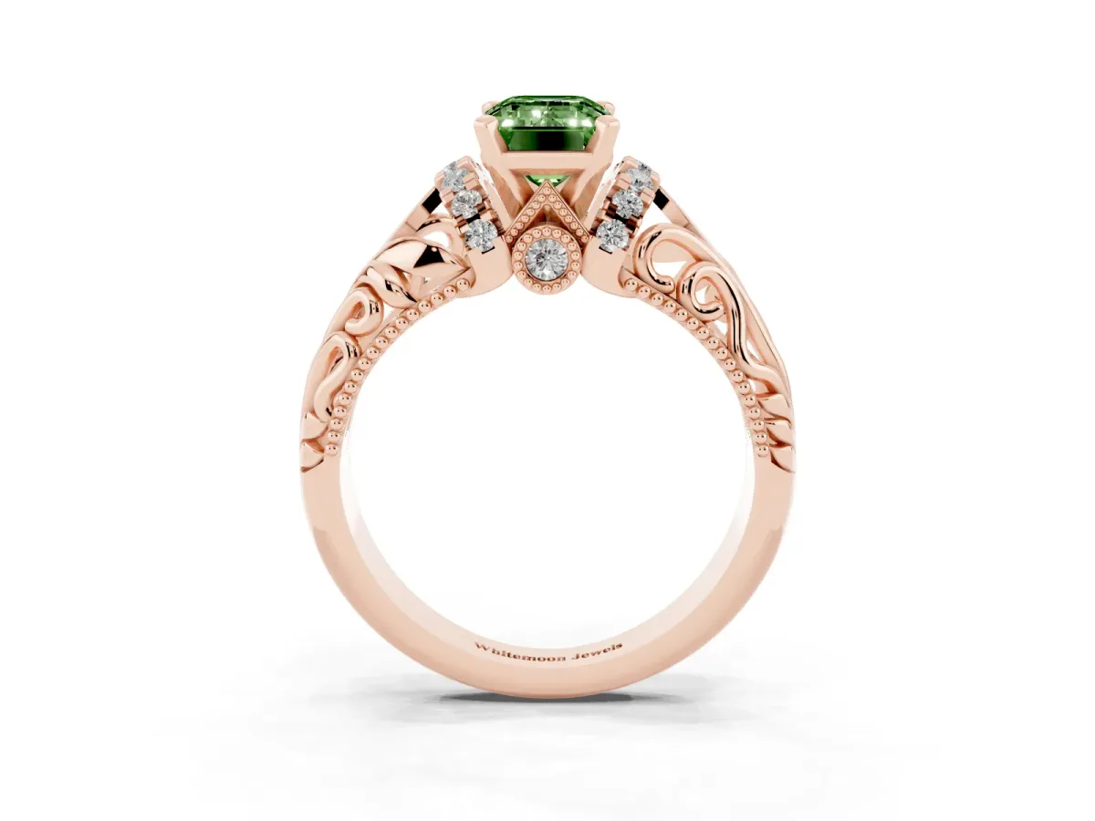 Fancy Green Emerald Cut Solitaire Filigree Engagement Ring with Halo and Prong Setting Rose gold