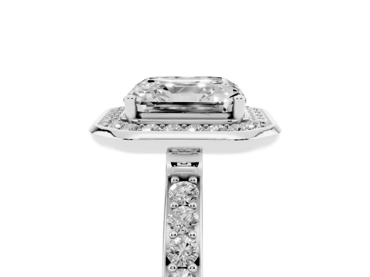 Asscher Cut Diamond Halo Ring with Bezel Frame and Pavé Band Silver