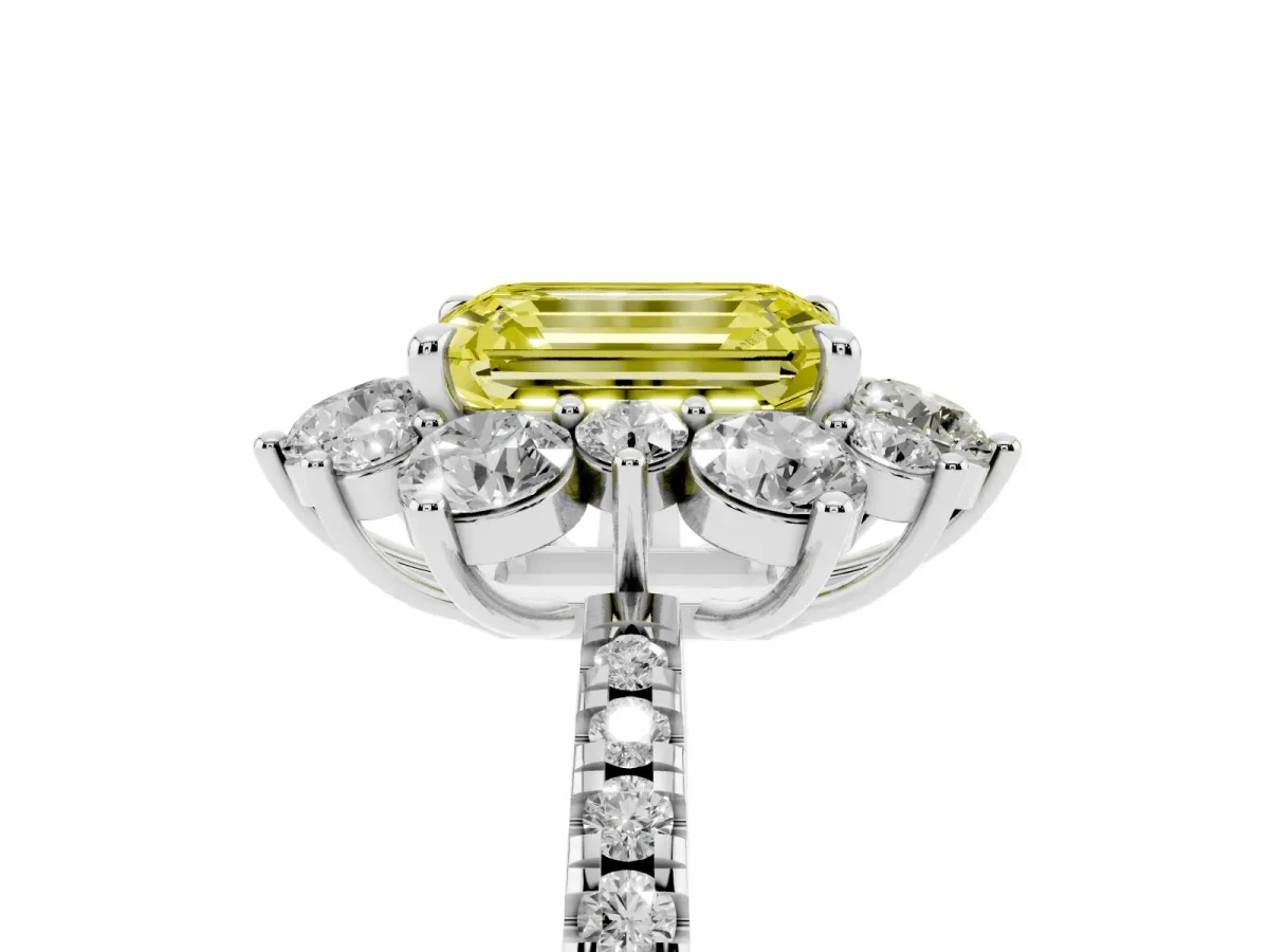 Fancy Yellow Emerald Cut Diamond Floral Halo Ring with Round Pavé Band and Prong Setting Silver