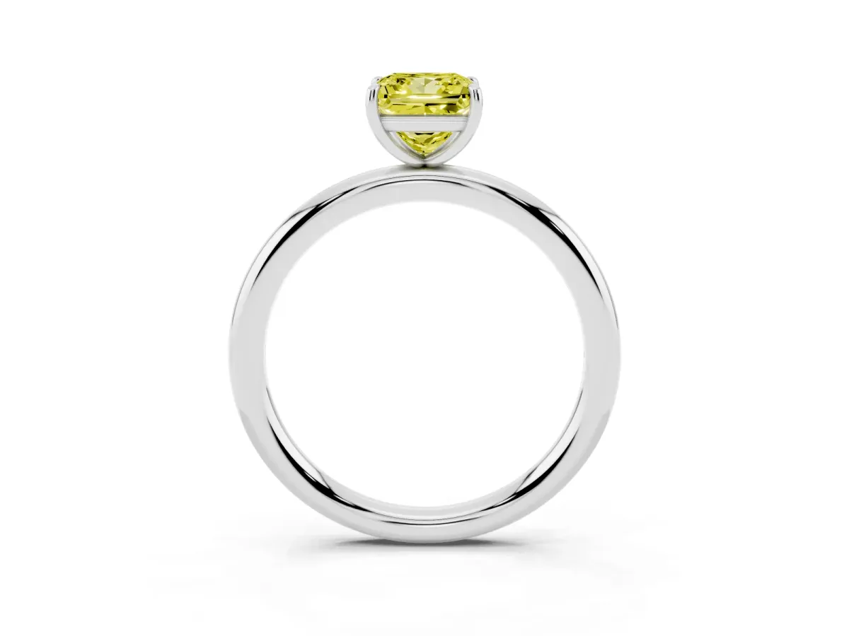 Fancy Yellow Princess Cut Solitaire Diamond Ring with Four-Prong Setting on a Plain Band Silver