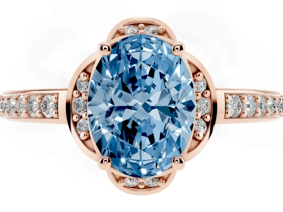 Fancy Blue Oval Cut Cut Halo Diamond Ring with Channel Set Band and Four-Prong Setting Rose gold