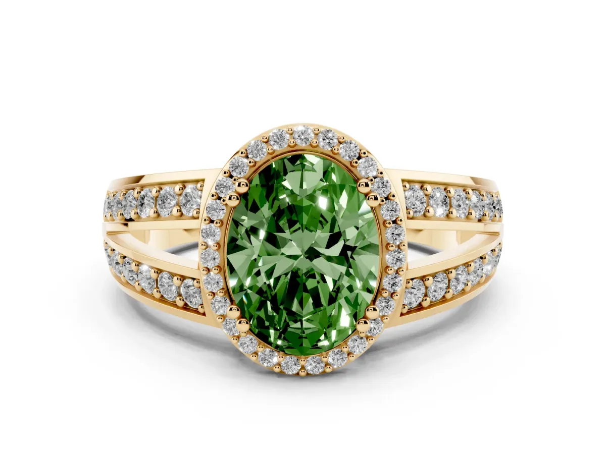 Fancy Green Oval Cut Diamond Halo Ring with Split Shank Pavé Band and Four-Prong Setting Yellow gold