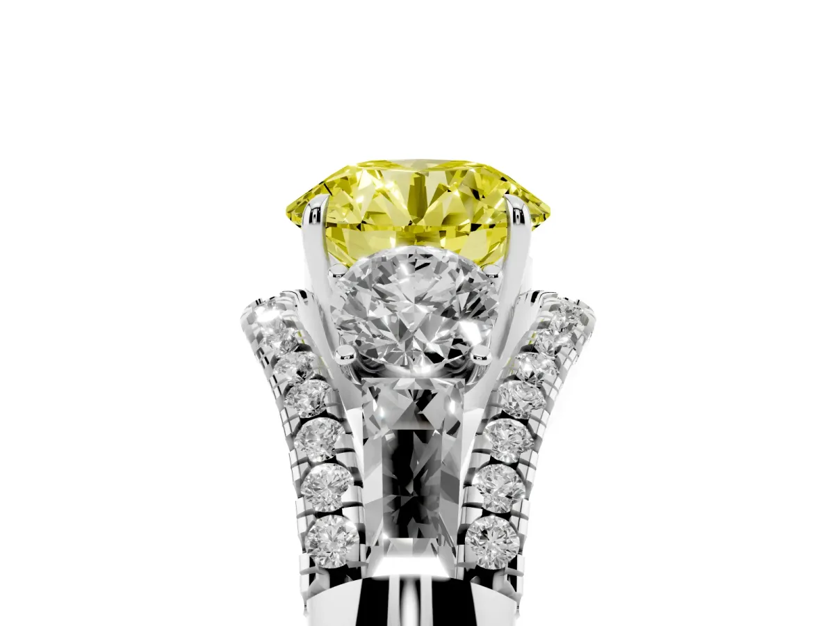 Fancy Yellow Three-Stone Round Cut Diamond Engagement Ring with Pave Band and Prong Setting Silver
