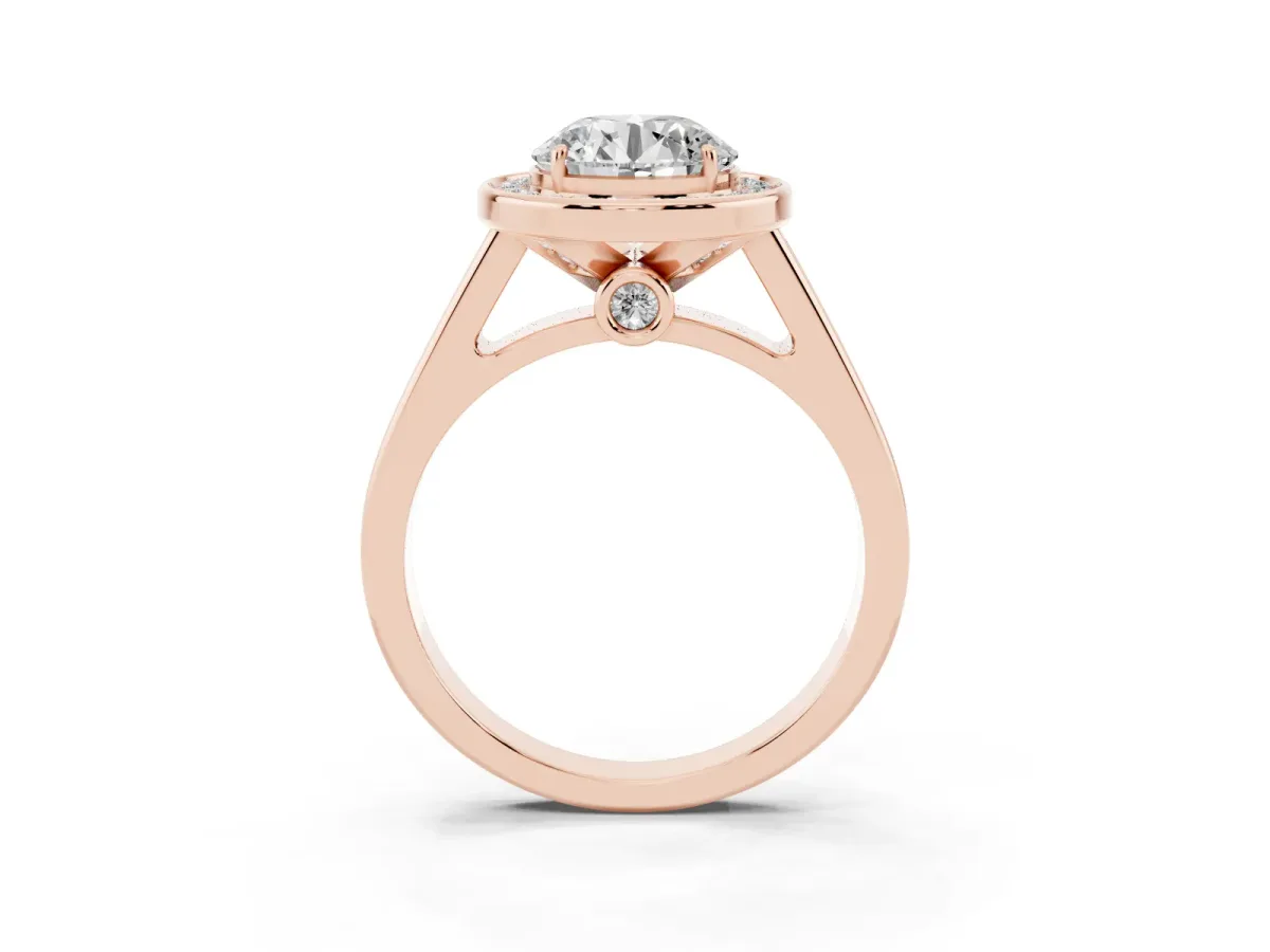 Round Cut Halo Solitaire Diamond Ring with Pave Band and Bezel Setting Rose gold