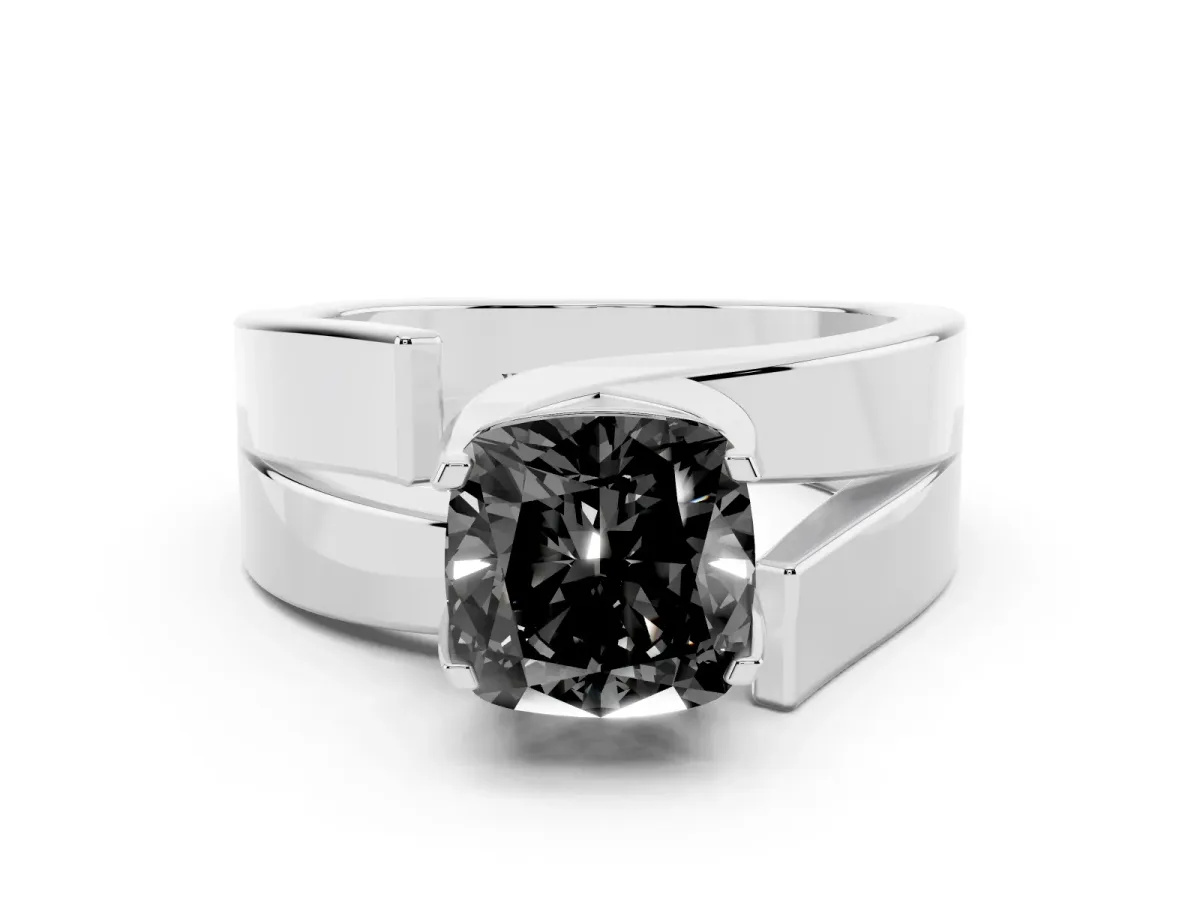 Fancy Black Modern Tension Set Cushion Cut Diamond Solitaire Wide Band Ring Silver