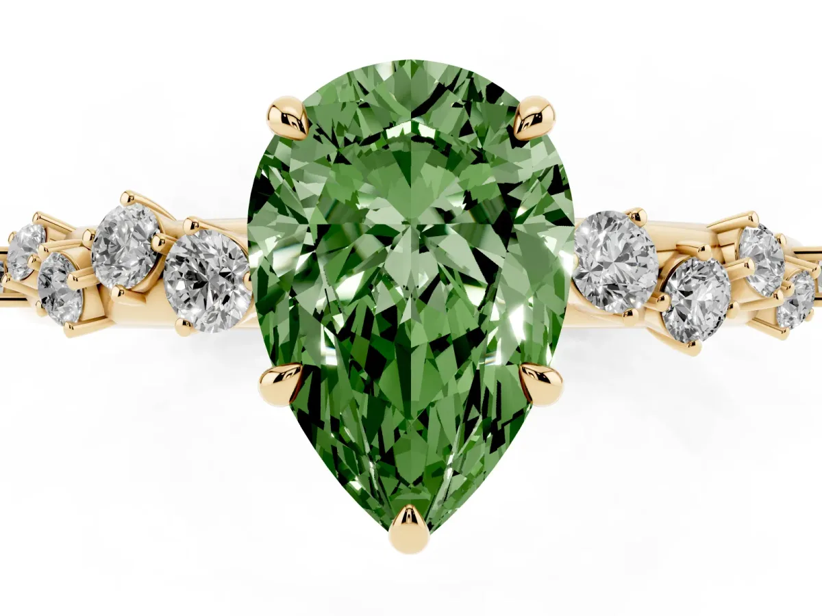 Fancy Green Pear Cut Diamond Cluster Prong-Set Solitaire Ring Yellow gold