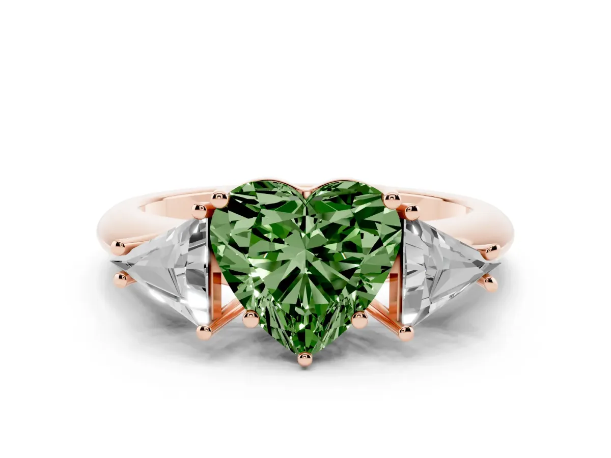 Fancy Green Three-Stone Heart Cut Diamond Engagement Ring with Trillion Side Stones and Prong Setting Rose gold