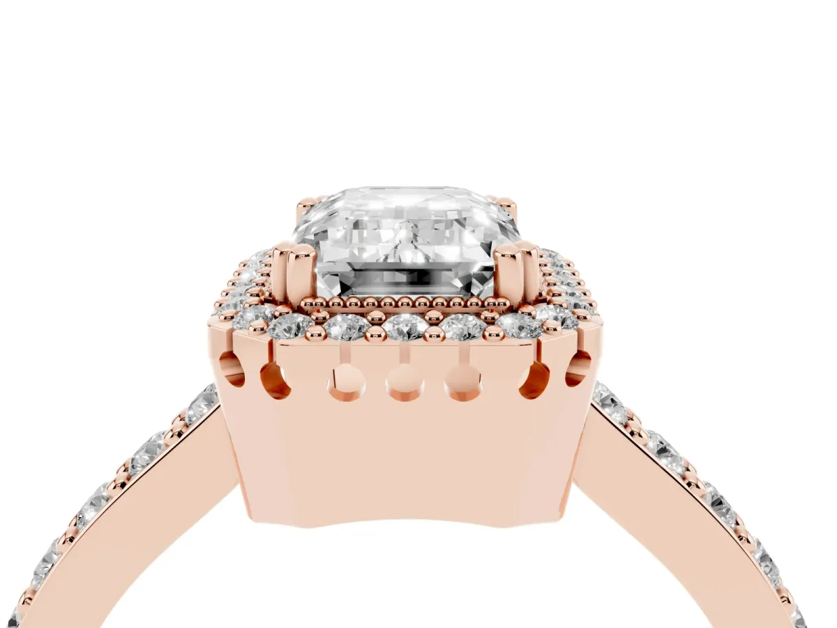 Emerald Cut Cut Diamond Halo Engagement Ring with Milgrain Detail and Pavé Band Rose gold