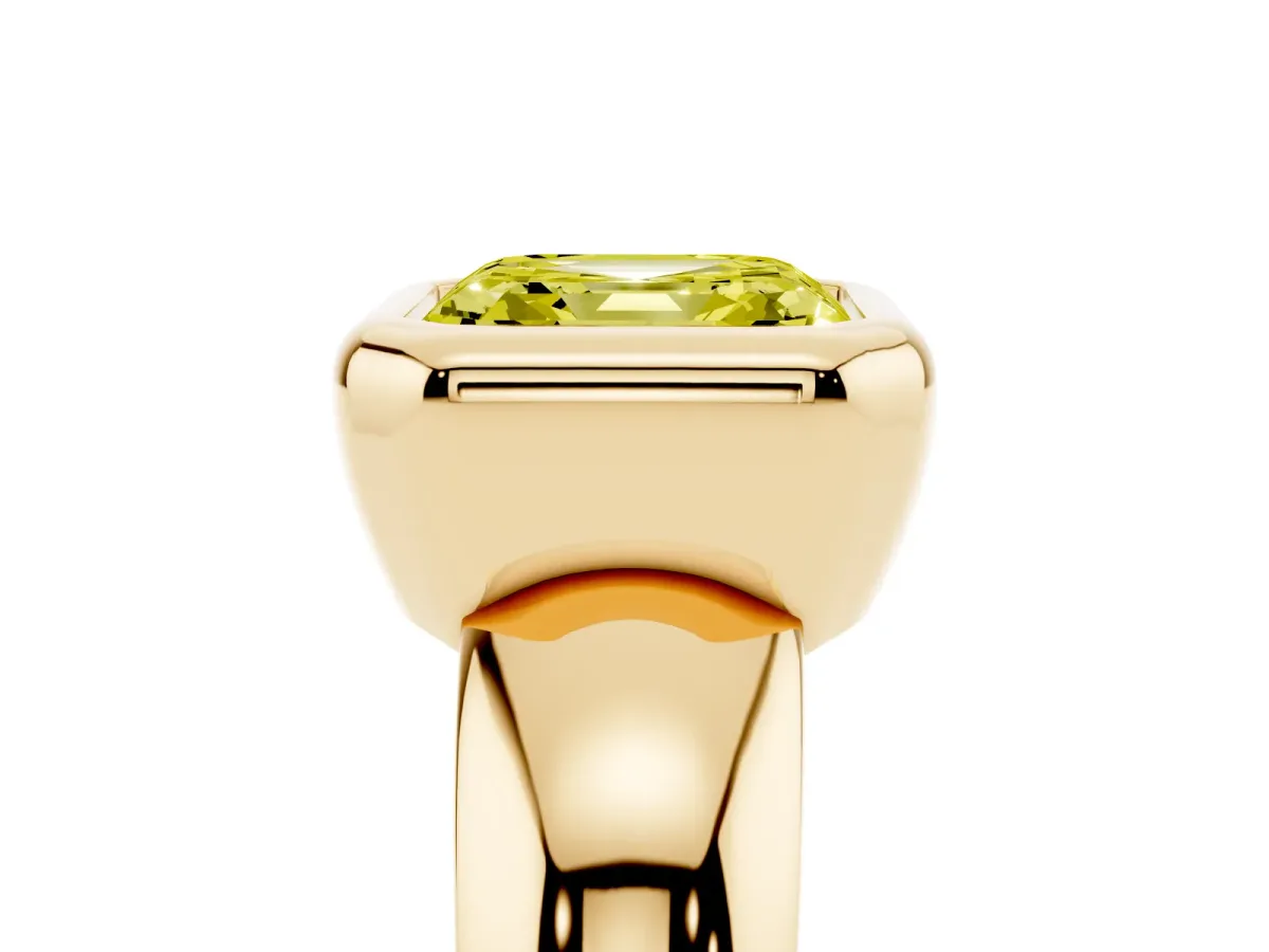 Fancy Yellow Bezel Set Asscher Cut Solitaire Ring with Wide Band Yellow gold