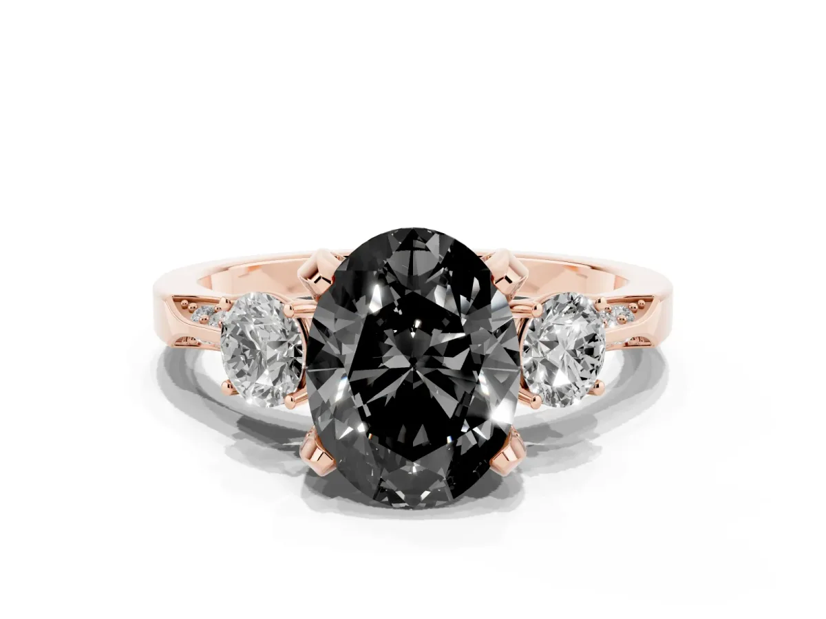 Fancy Black Oval Cut Brilliant Three-Stone Diamond Ring with Pavé Band and Four-Prong Setting Rose gold