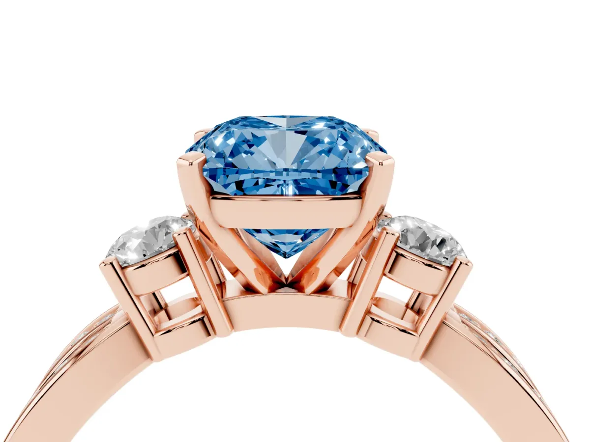 Fancy Blue Three-Stone Cushion Cut Cut Diamond Twist Band with Prong Setting Rose gold