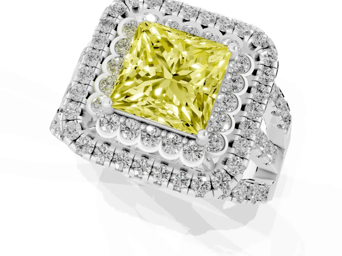Fancy Yellow Princess Cut Diamond Double Halo Ring with Round Pavé Split Shank and Prong Setting Silver