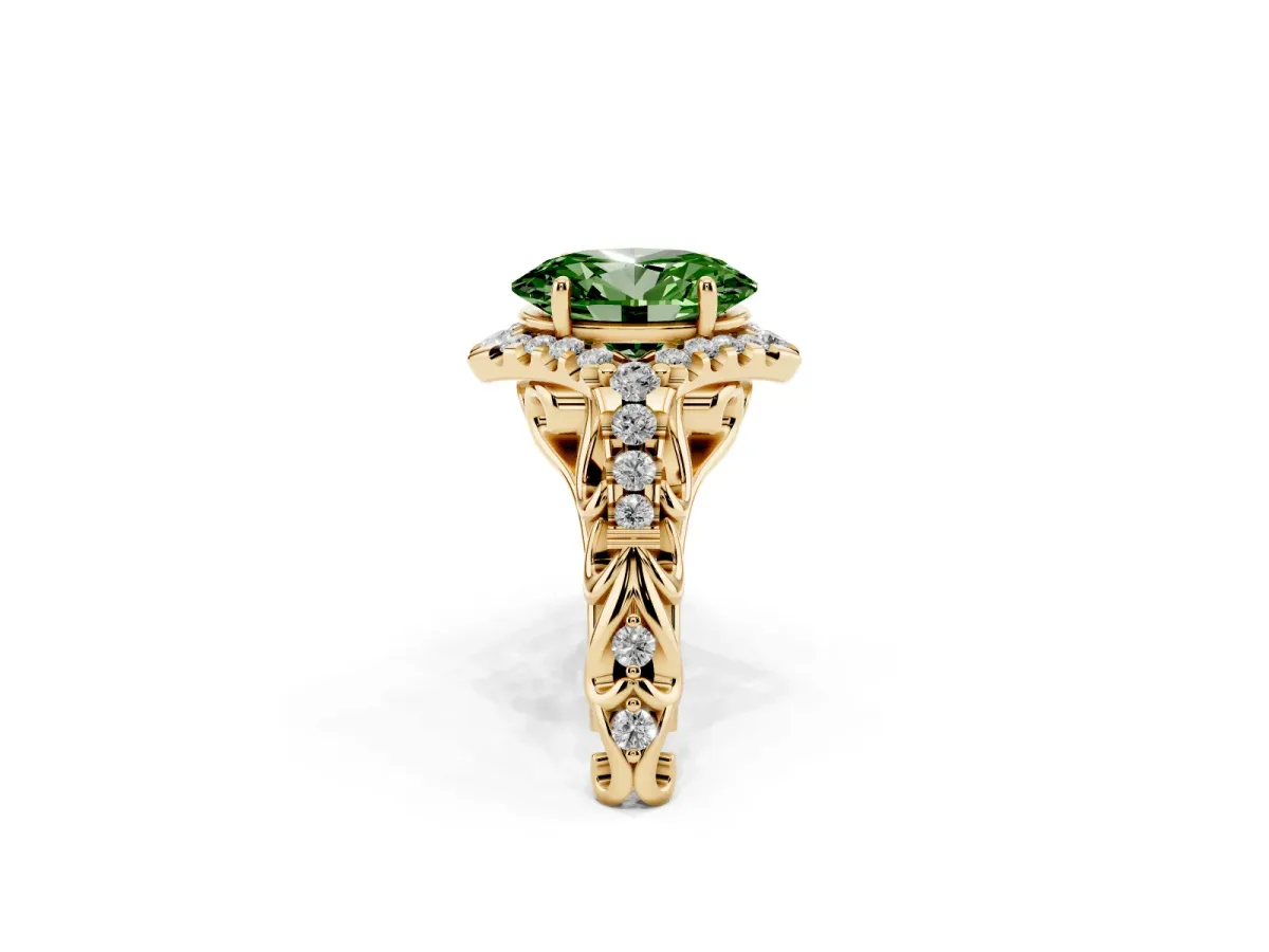 Fancy Green Oval Cut Diamond Solitaire Ring with Hidden Halo and Pavé Band Yellow gold