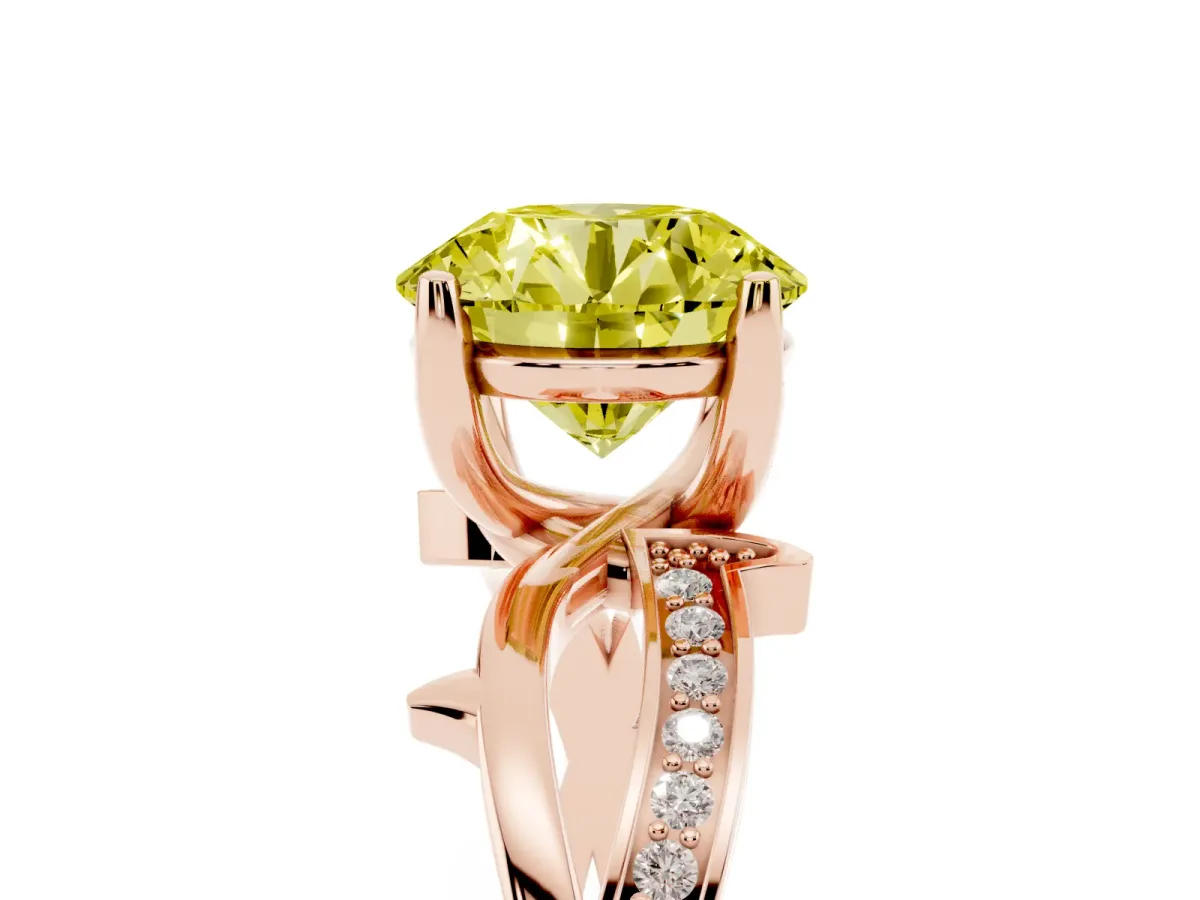 Fancy Yellow Round Cut Solitaire Twist Band with Pavé Accents and Four-Prong Setting Rose gold