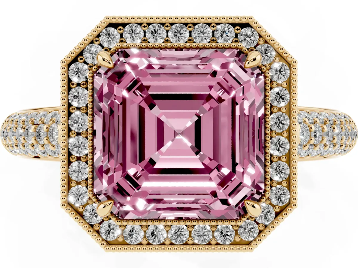 Fancy Pink Asscher Cut Cut Halo Diamond Pave Band with Four-Prong Setting Yellow gold