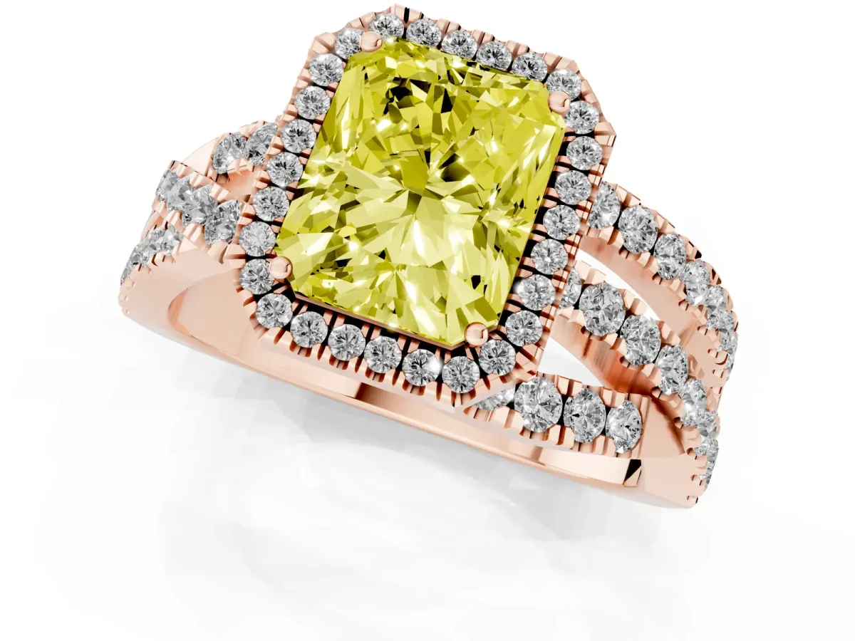 Fancy Yellow Radiant Cut Diamond Halo Ring with Round Split Shank and Prong Setting Rose gold