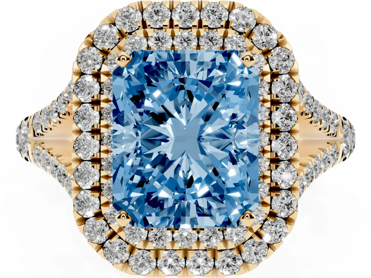 Fancy Blue Radiant Cut Cut Double Halo Split Shank Diamond Ring with Prong Setting Yellow gold