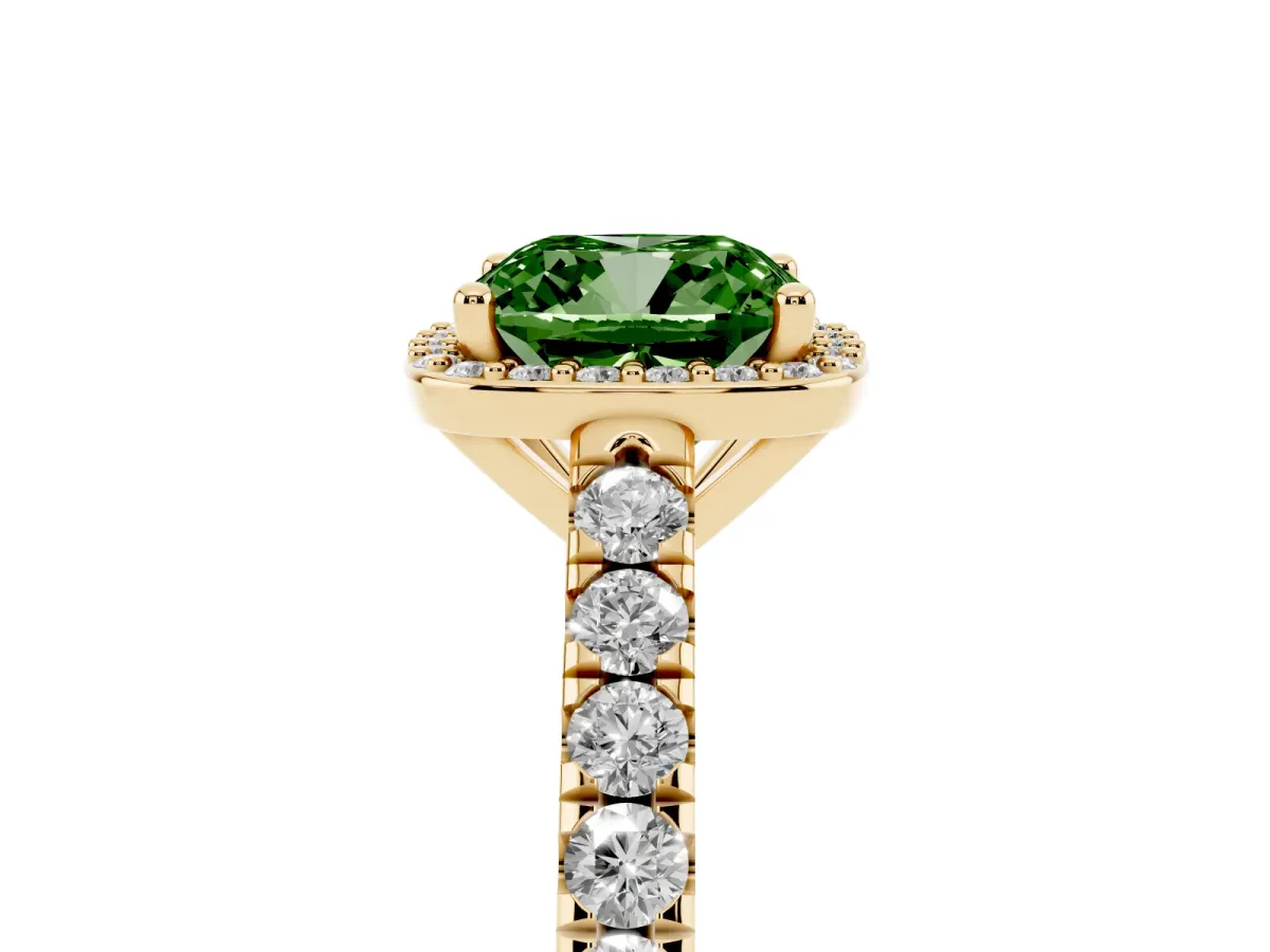 Fancy Green Cushion Cut Cut Halo Diamond Engagement Ring with Pave Band and Four-Prong Setting Yellow gold