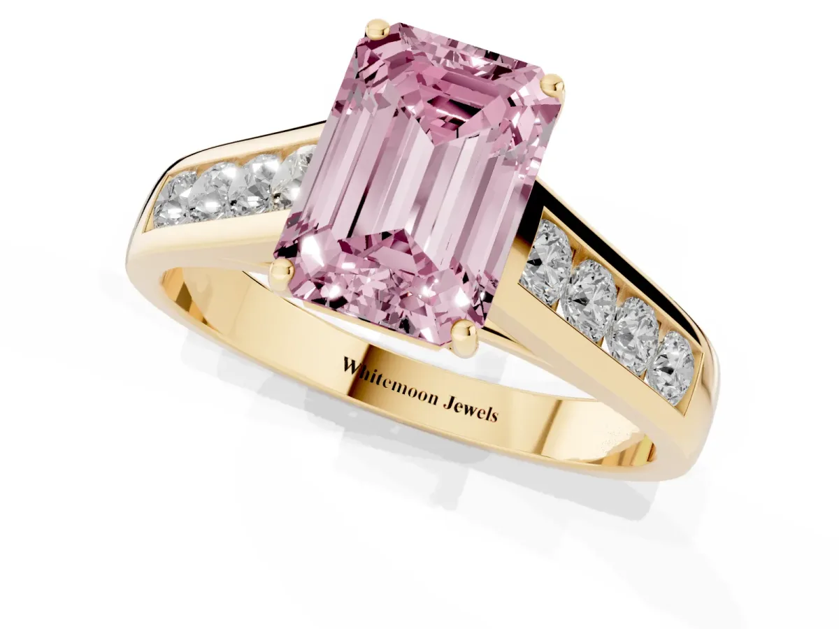 Fancy Pink Emerald Cut Solitaire Channel-Set Diamond Engagement Ring with Four-Prong Setting Yellow gold