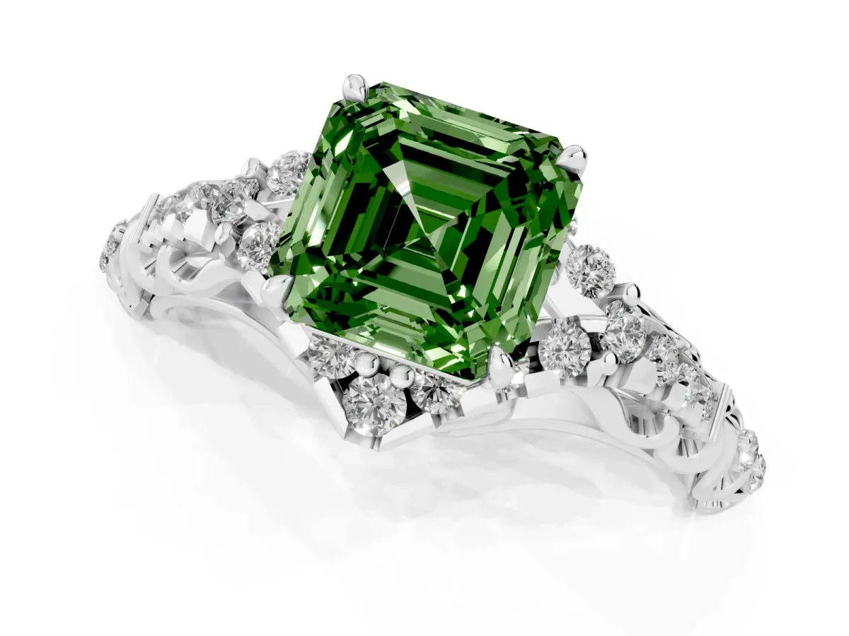 Fancy Green Asscher Cut Diamond Solitaire Ring with Hidden Halo and Pavé Band White gold