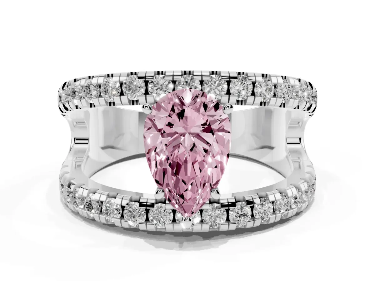 Fancy Pink Pear Cut Solitaire Split Shank Pave Diamond Ring White gold
