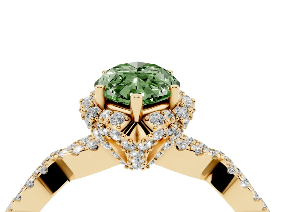 Fancy Green Marquise Cut Halo Twist Band Solitaire Ring with Six-Prong Setting Yellow gold