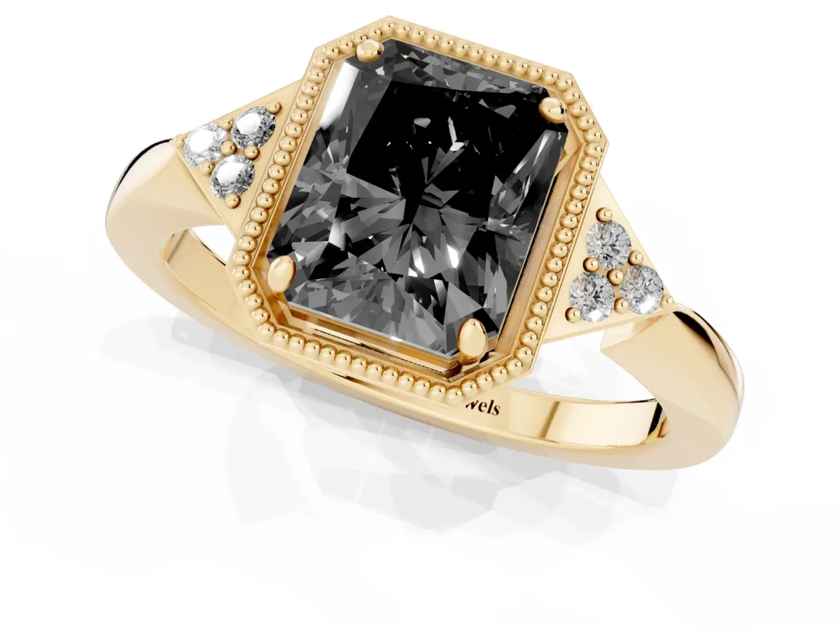 Fancy Black Hexagonal Halo Radiant Cut Diamond Solitaire with Pavé Band and Four-Prong Setting Yellow gold