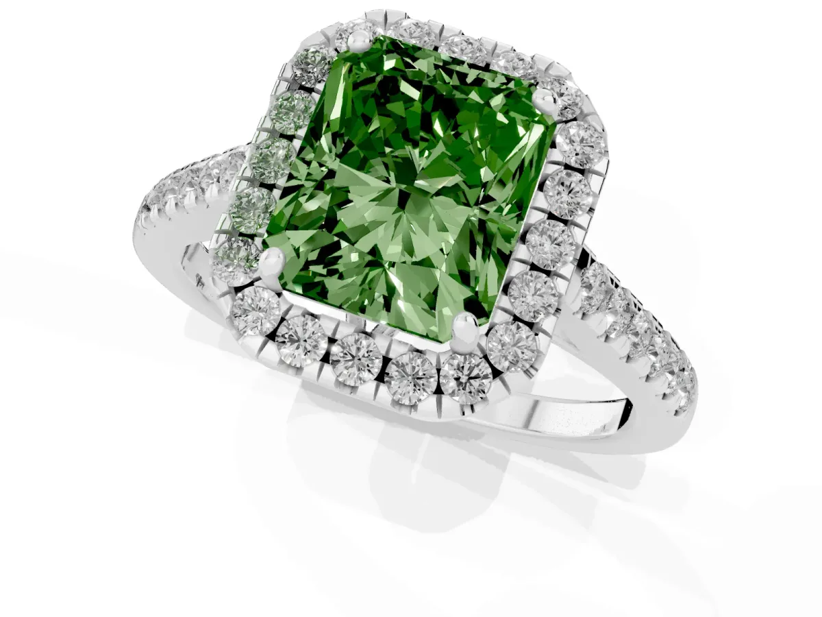 Fancy Green Radiant Cut Halo Pavé Diamond Engagement Ring with Four-Prong Setting Silver