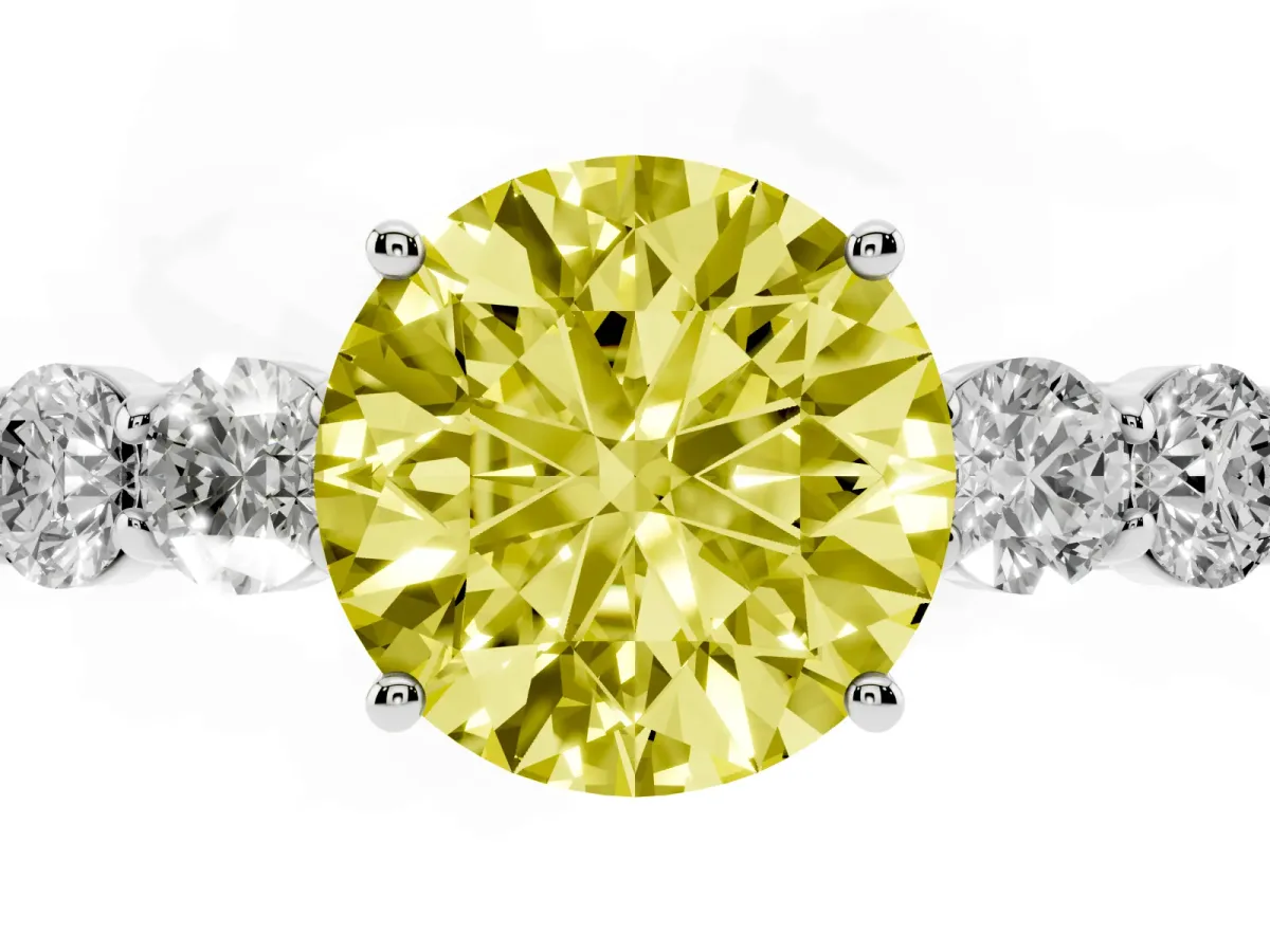 Fancy Yellow Round Cut Cut Diamond Five-Stone Prong Set White Gold Ring Silver