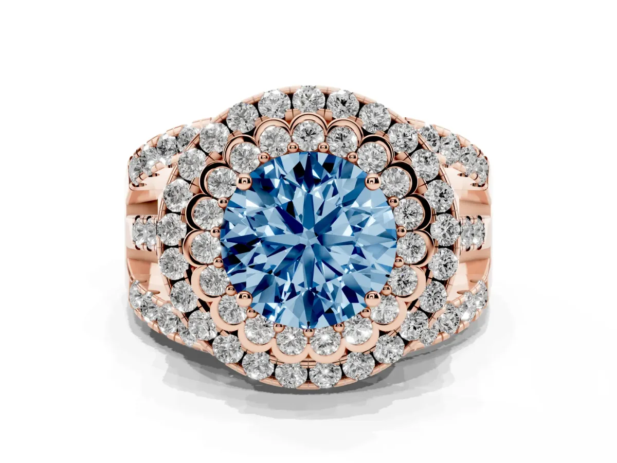 Fancy Blue Round Cut Diamond Double Halo Ring with Round Pavé Split Shank and Prong Setting Rose gold
